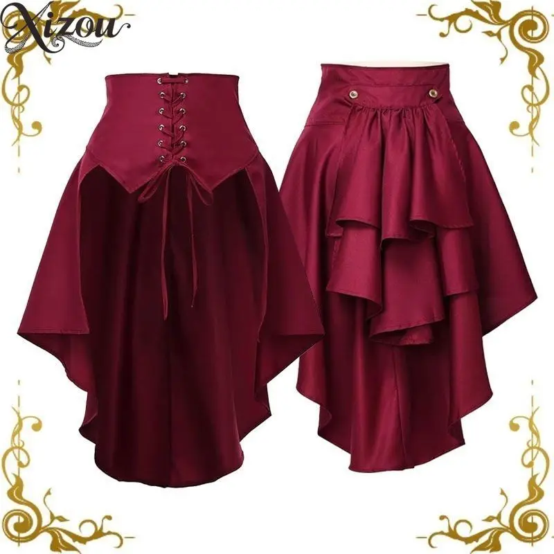 Retro Steampunk Gothic Women Skirt Corset High Waist Victorian Mermaid Ruffled Tiered Hem Pirate Front Lace-Up Waist Cosplay