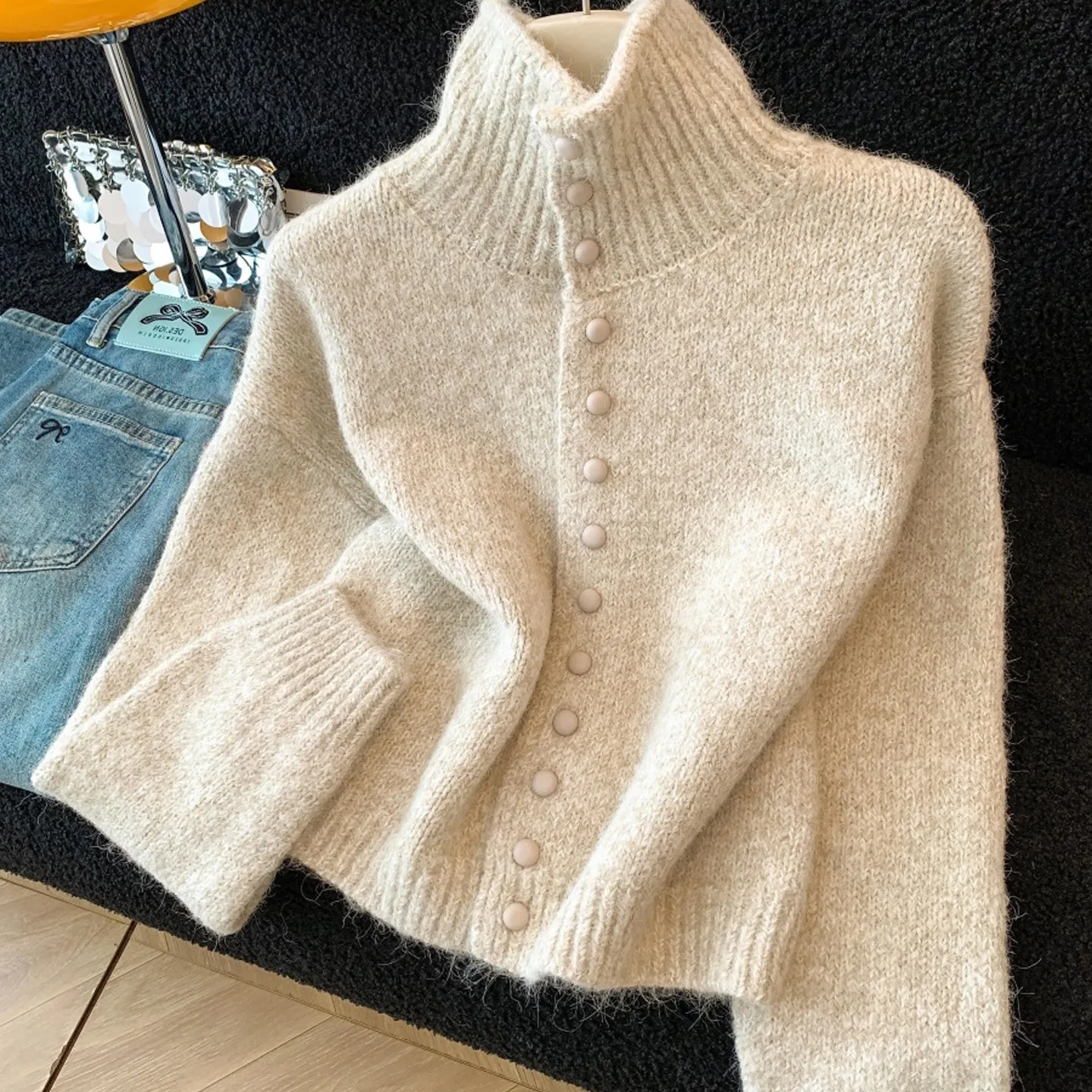 Korean Style Single-Breasted Turn-Down Collar Knitted Cardigan Top 2026 Autumn Winter New Sweet Sweater Coat