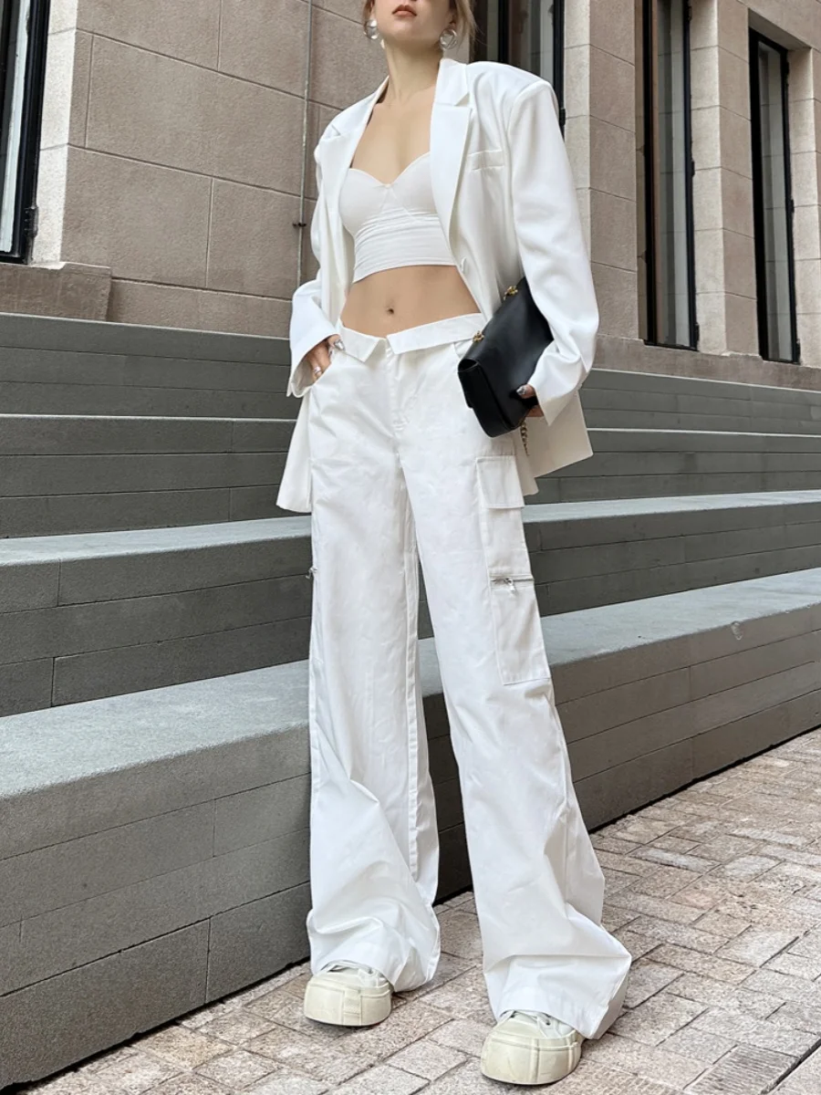 

Белые широкие брюки в американском стиле, прямого кроя, утягивающие, удлиненные, карго, женские повседневные брюки