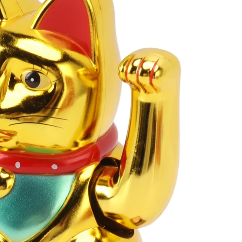 Arm Waving Fortune Cat 4 Inch Plastic Solar Powered Light Induction Lucky Cat Decoration With Rotating Base For Home Hotel Gold