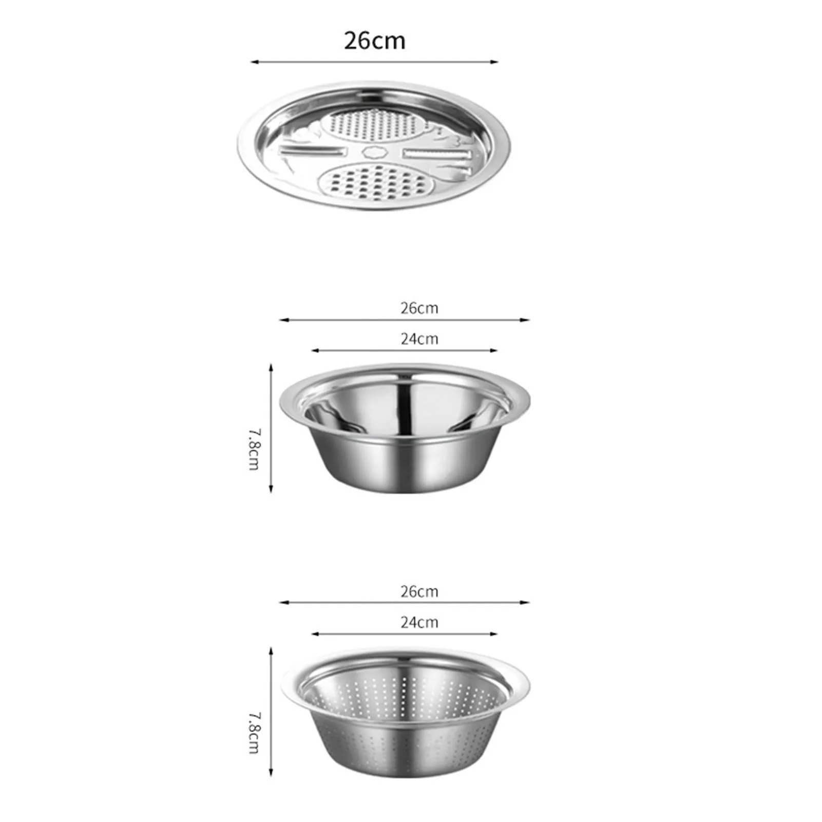 Bacia de aço inoxidável com ralador, Cortador de arroz, Escorra a cesta para guardar frutas e legumes