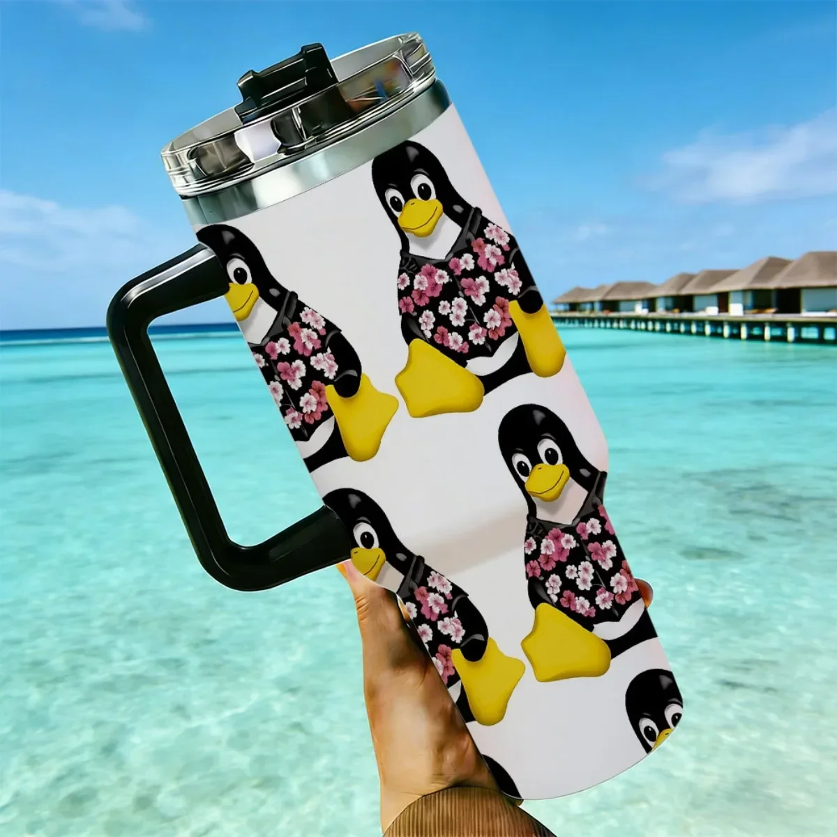 40oz Cute Floral Shirt Penguin Repeat Pattern Stainless Steel Tumbler With Handle Straw Lid 24 Hours Cold Insulated Travel Water Cup