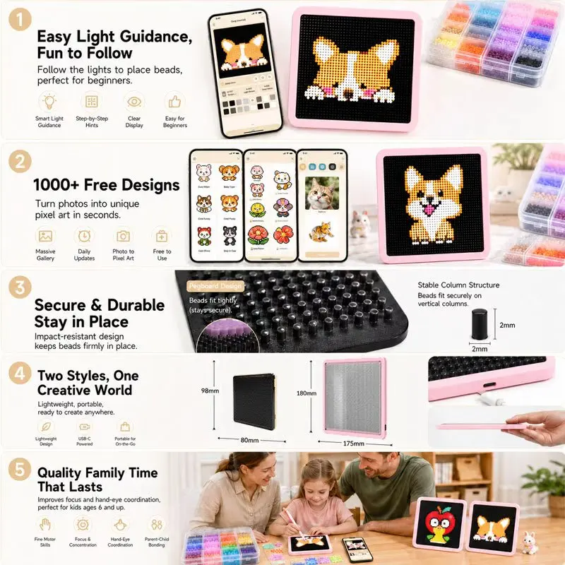 LED Fuse Beads Craft Pegboard Board, Fuse Bead Pegboard USB Powered App Pattern Guide Pegboard DIY KitCreative Art view 6