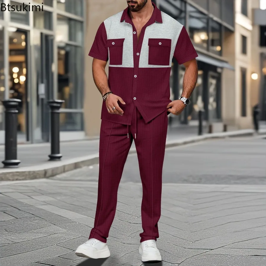 

2025 New Men's Waffle Sports Sets Summer Comfortable Casual Double Pocket Short Sleeve Cardigan Shirts and Pants Two Piece Sets