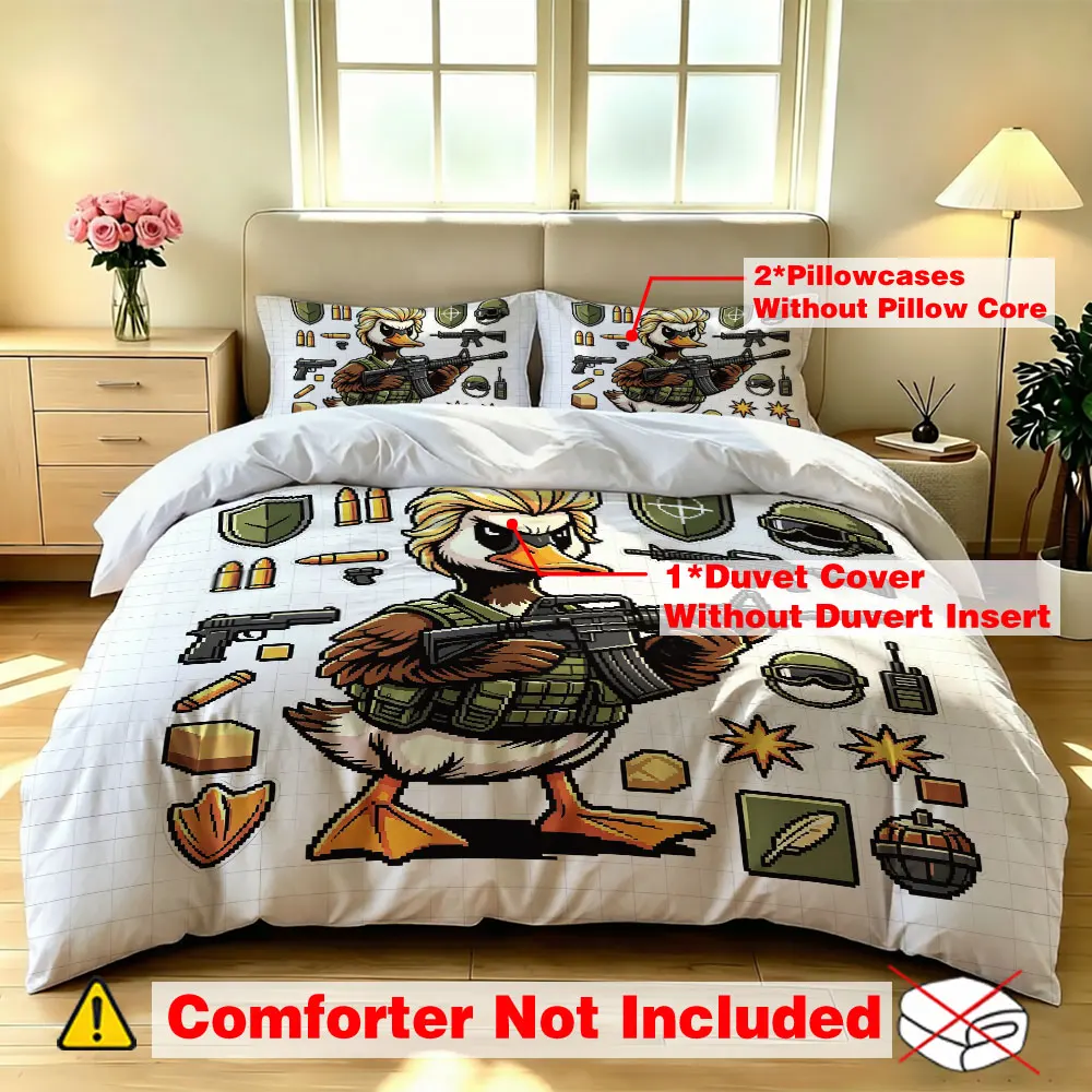 Tactical Duck Duvet Cover Set 3Pcs, Army Weapons Gear Bedding, Military Print Quilt Cover with Pillowcases, Bedroom Decor