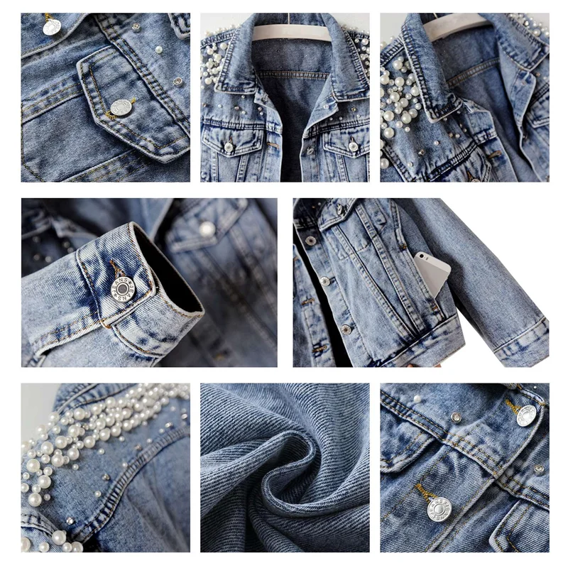 AT29-Women's Jean Jacket Embroidered Rivet Pearl Short Denim Jacket Coat