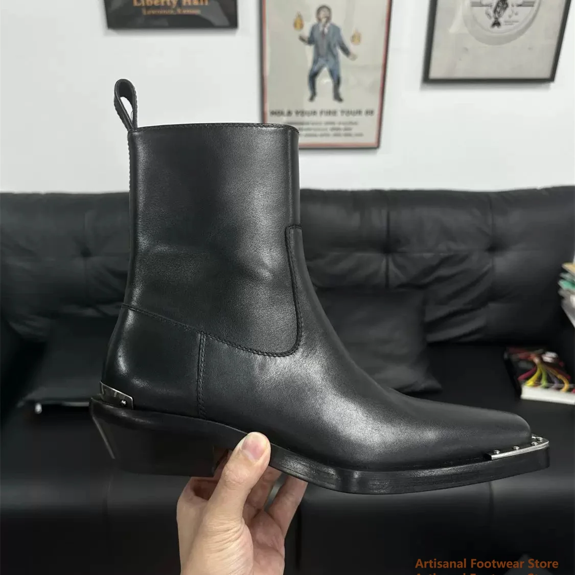 Men Square Toe Metal Decor Ankle Chelsea Boots Side Zipper Black Leather Boot Punk Rivet Metal Plate Toe Fashion Boots