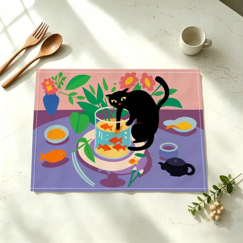 Black Cat Fishing Placemats 4pcs, Washable, Perfect for Everyday or Holiday Dining Table Mats