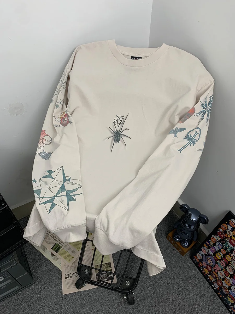 

Retro Spider Print Washed out T-Shirt Men's Loose Long Sleeve Cotton Casual Style Breathable Comfortable for Autumn Wear
