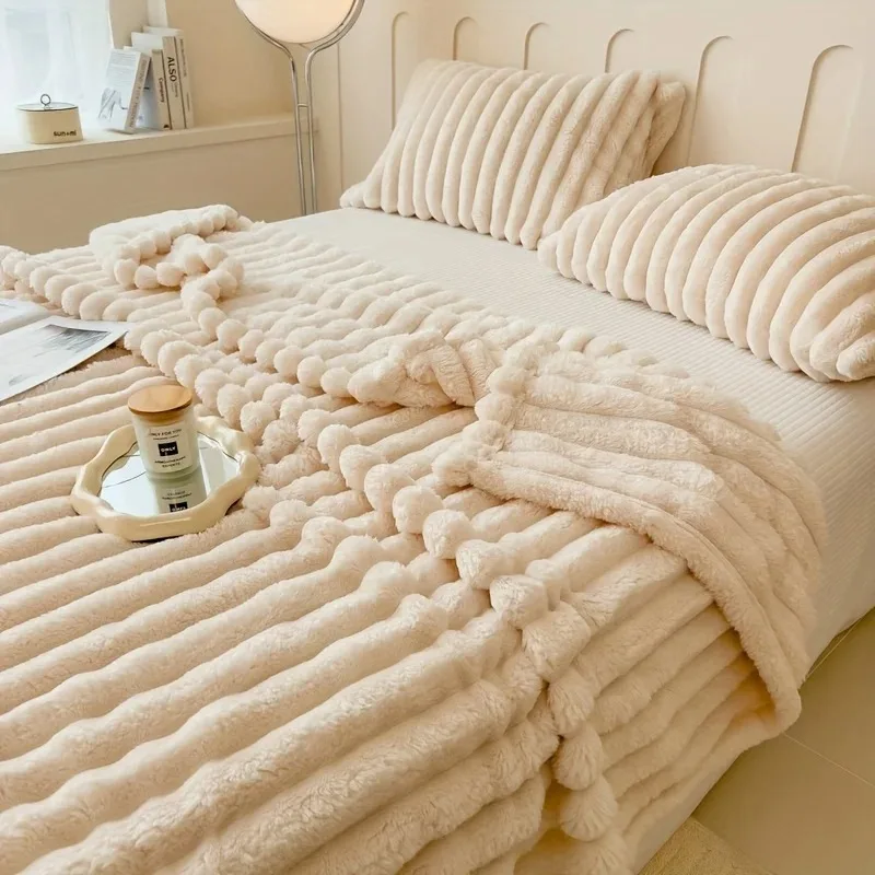 Luxurious Faux Rabbit Fur Blanket Ultra Soft Striped Plush Blanket Cozy Winter Warm Flannel Blanket for Couch,Bed,Office,Travel