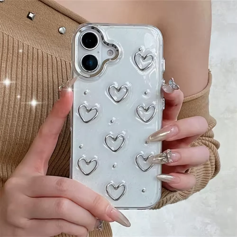 Korean Glitter 3D Hollow Out Love Heart Phone Case For iPhone 16 15 14 13 12 11 Pro Max 7 8 Plus X XR XS Clear Shockproof Cover