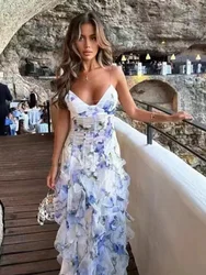 Summer New 2024 Women Sexy V Neck Backless Flower Chiffon Maxi Gowns Dress Split Celebrity Cut Out Beach Maxi Dress