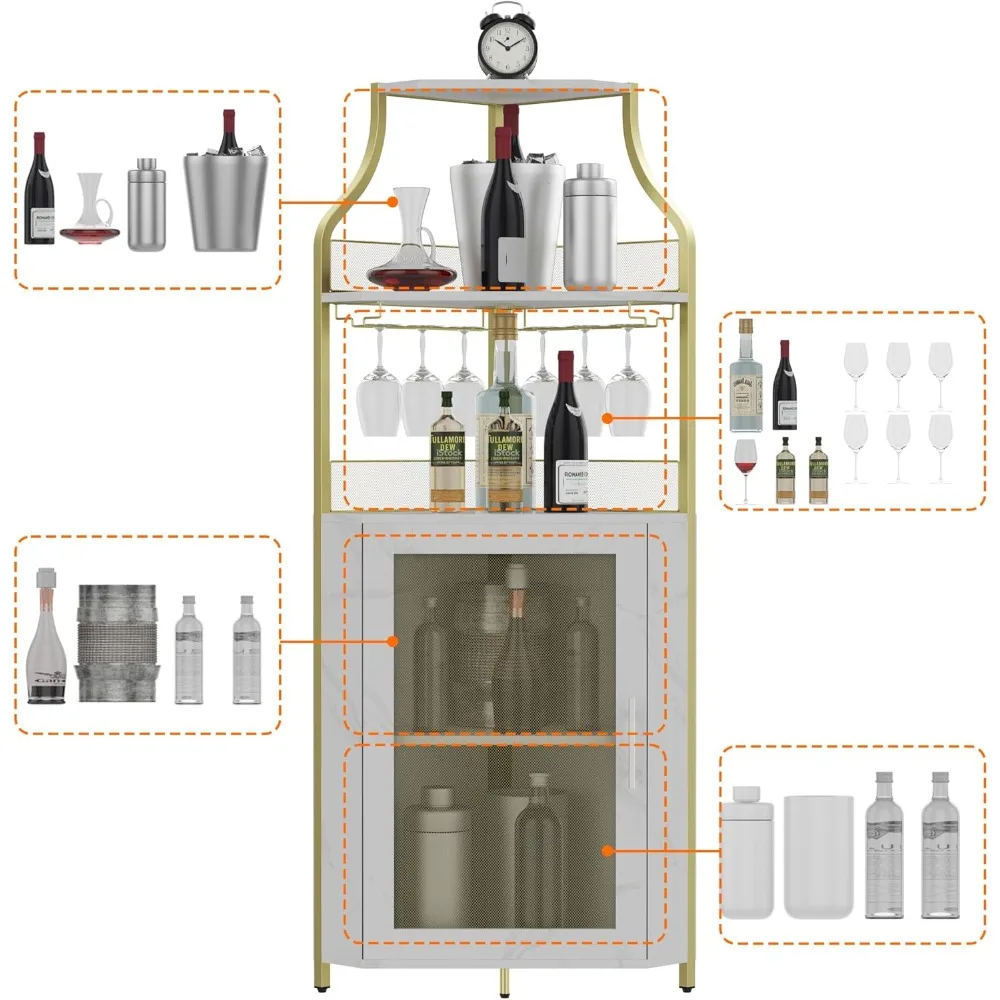 Kabinet Bar Anggur Sudut dengan Rak Anggur yang Dapat Dilepas, Kabinet Anggur Industri dengan Tempat Kaca, Bufet Kecil, dan Kopi Minuman Keras
