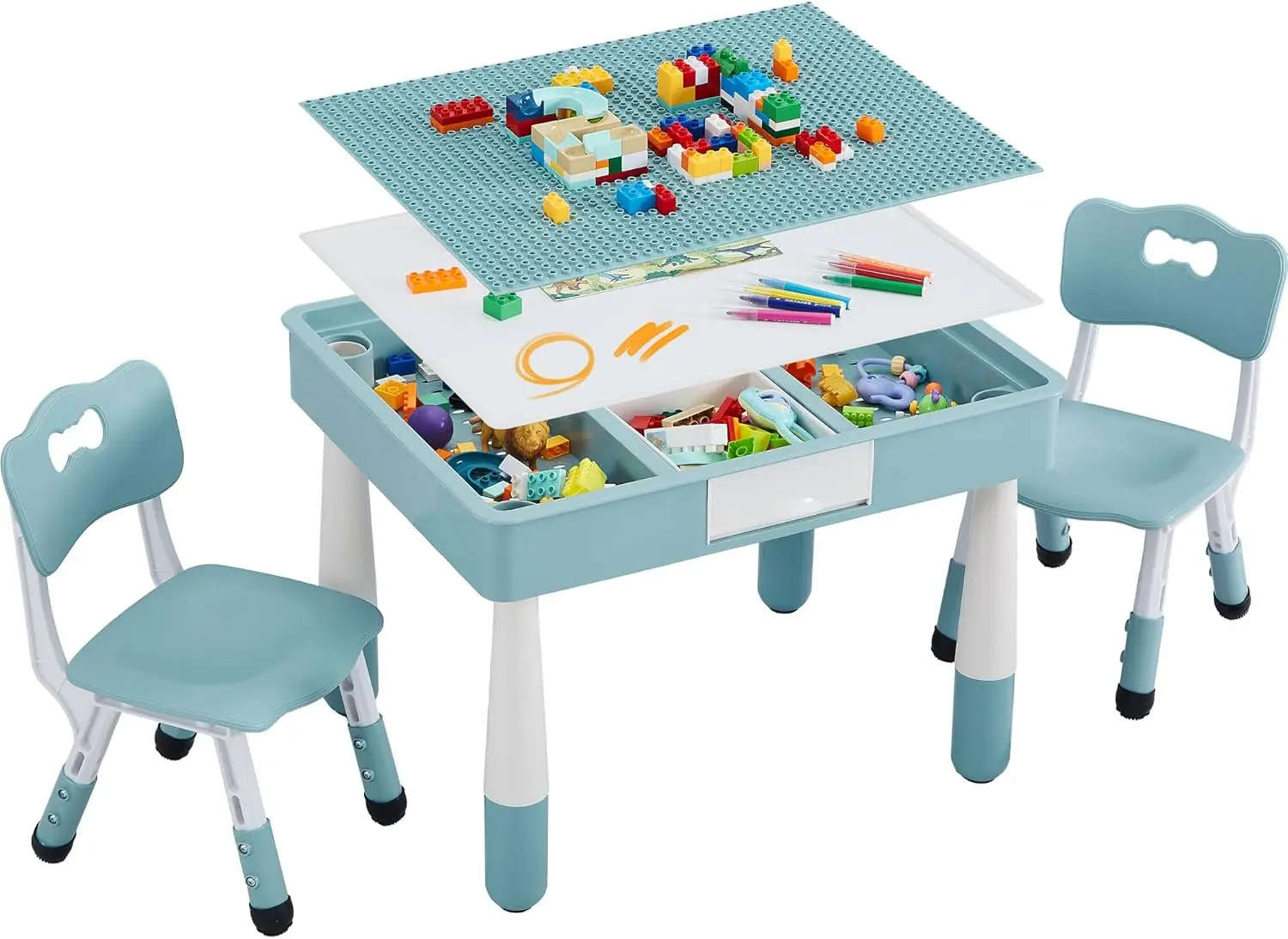 Conjunto de mesa infantil 4 em 1 e 2 cadeiras, conjunto de mesa e cadeira para crianças de 3 a 10 anos, mesa de atividades para blocos de construção/desenho/R