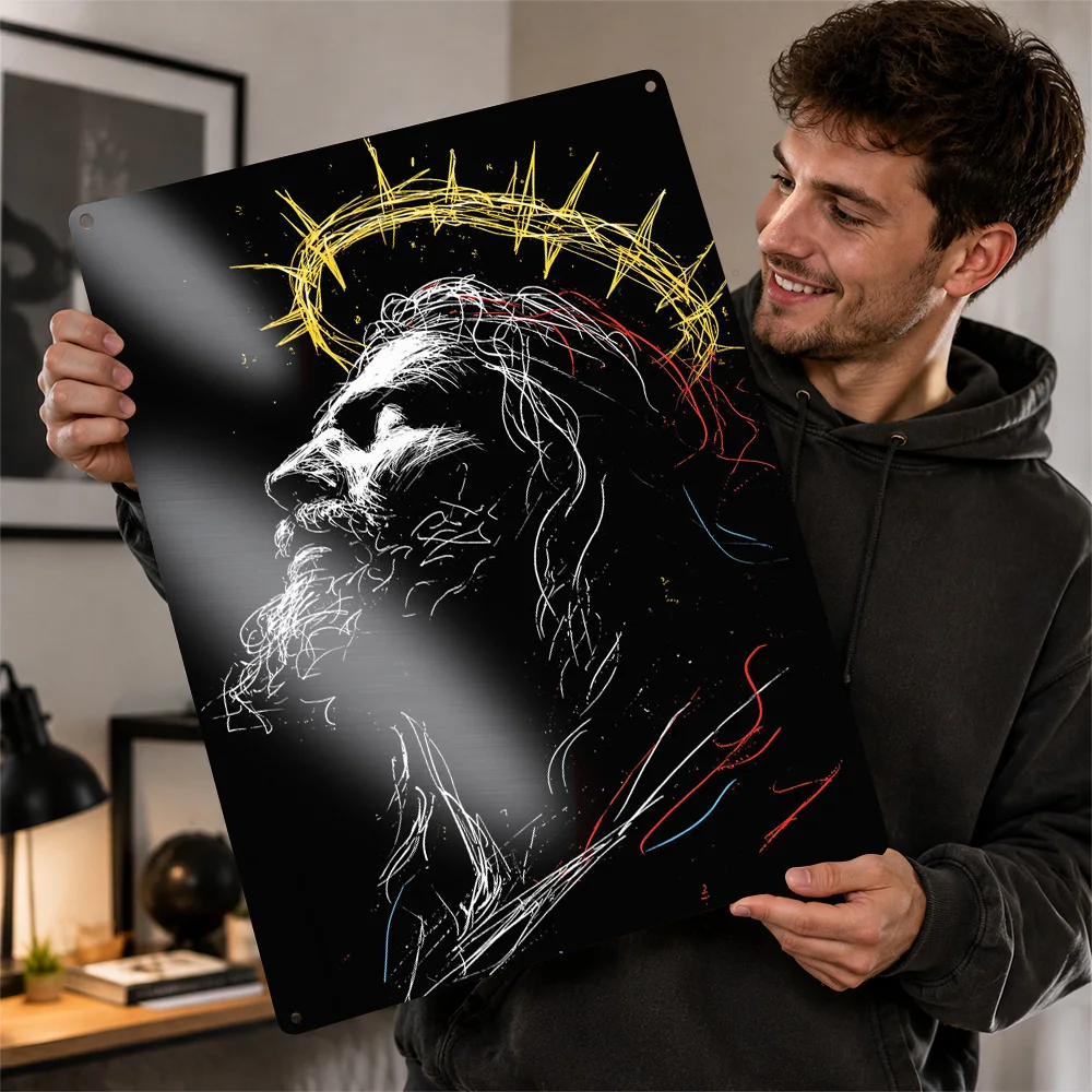 Jesus Christ With Thorn Crown Aluminum Poster Linework Wall Art For Reading Room Personalized Metal Sign Faith Inspired Gift