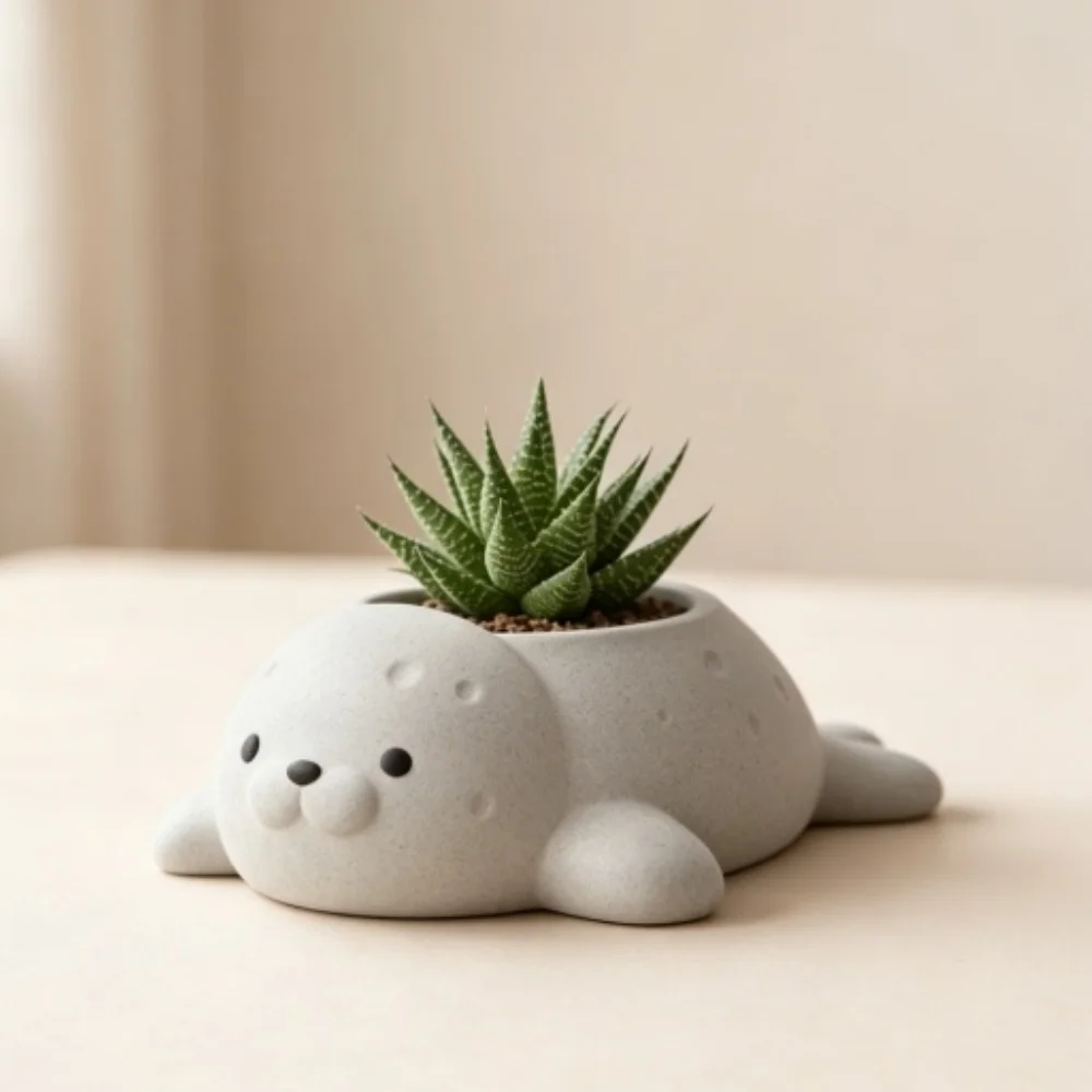 3D Printed Grey Seal Figurine Planter Cute Marine Animal Pot For Succulents And Small Plants For Desk Shelf Decor