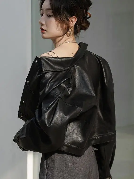 Black Leather Jacket Women's Short Loose Retro Versatile Stylish Spring Autumn New Korean Version Padded Coat  Collar Lon...