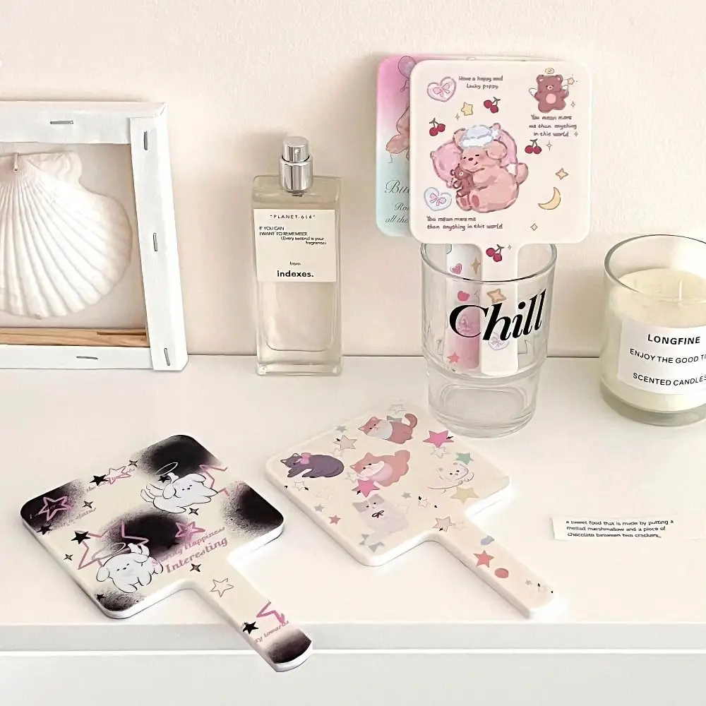 Cute Handheld Vanity Mirror Ins Style Cartoon Pattern Printing Square Handheld Mirror High Appearance Level High Definition