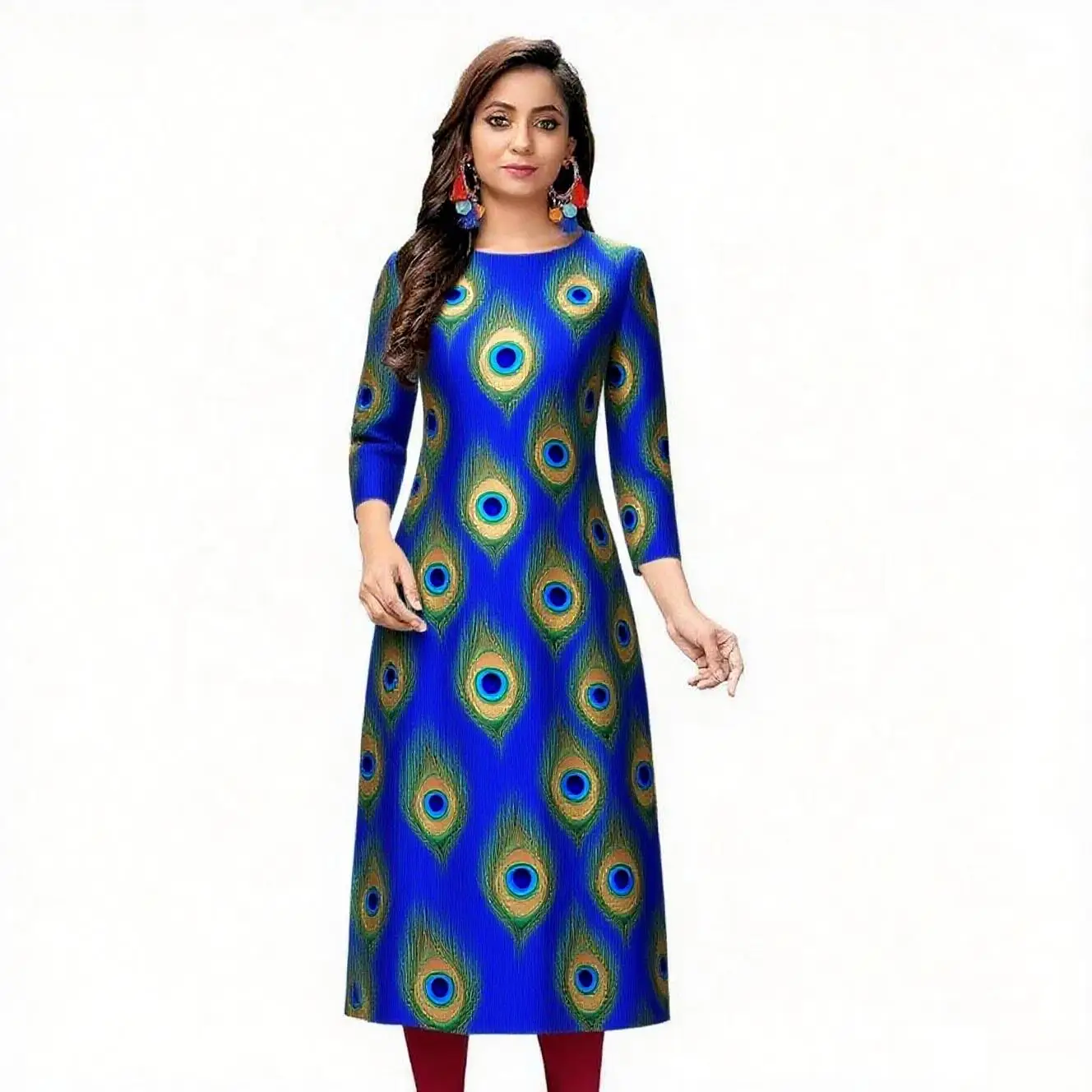 Women's fashionable and comfortable Kurt dress long sleeved straight tube casual ethnic round neck regular size new item