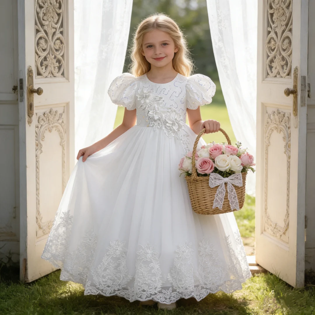 Kids girls' elegant puff sleeve dress with embroidered floral design suitable for dance piano anniversary or other occasions