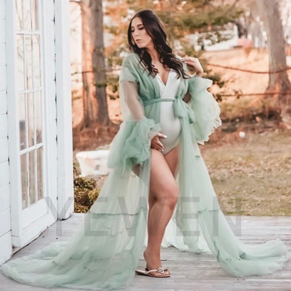 

Sheer Tulle Maternity Photoshoot Dress Bell Sleeve Dress for Photoshoot Pregnancy Gown YEWEN YW2055