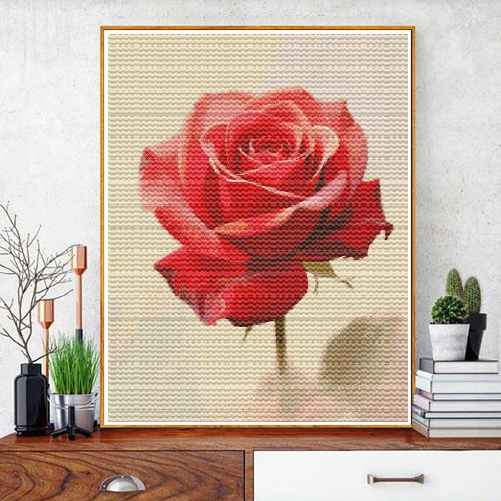 

A Cross-Stitch Pattern of a Blooming Rose, Delicate Floral Pattern DIY Printed Embroidery, Handmade Material Kit, Home Decoration Wall Hanging