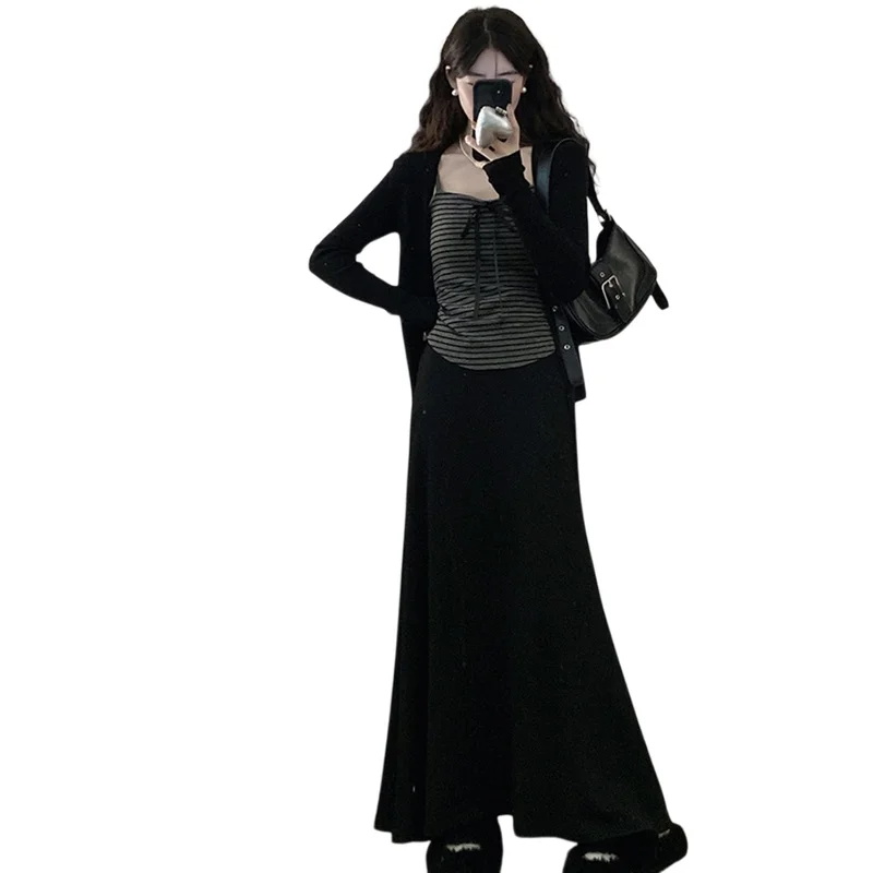 Conjunto de Saia Slimming de Cintura Alta com Cardigan Listrado Aberto, Tamanho Plus, Moda Coreana, Nova Chegada de Outono para Mulheres