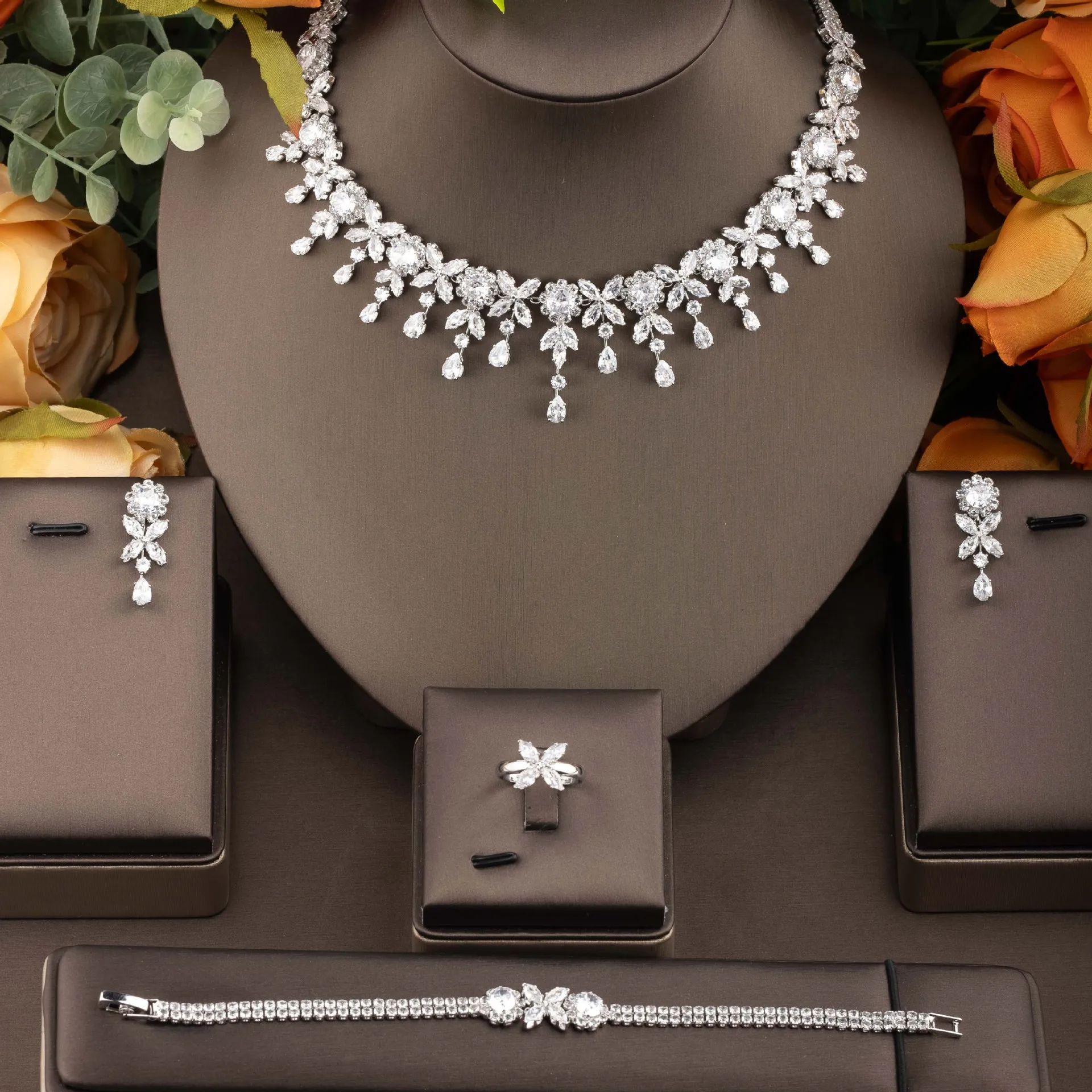 4pcs Bridal Jewelry Sets For Women Cubic Zirconia Saudi Dubai Indian Bride Necklace Earring Set Party Prom Wedding Accessories