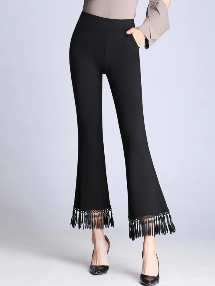 New Korean Fashion Streetwear Women Clothing Tassel Micro Flare Pants Slim Cropped black Pants Woman Trousers Oversize Clothes