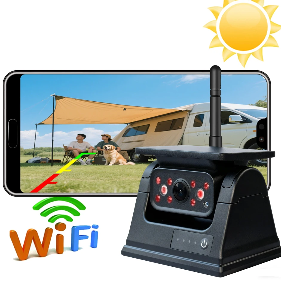 QXNY WiFi Solar Backup Camera Magnetic Base Wireless Blind Spot Alarm Backup for IPhone Android Bus Van Truck RV Front Rear View