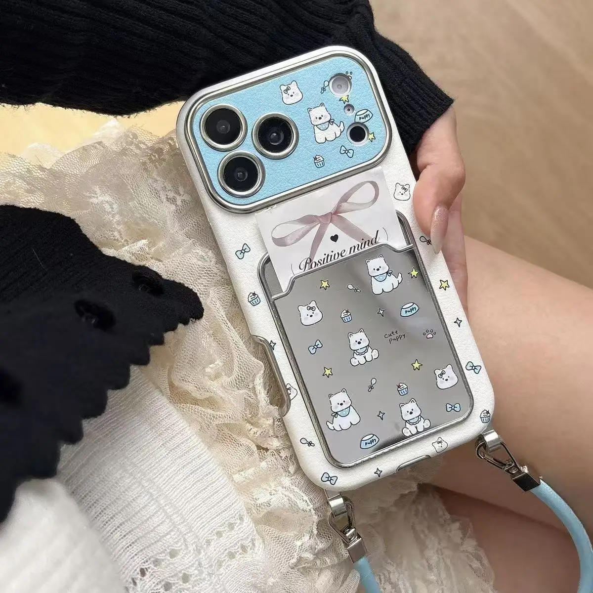 Cute Puppy Mirror Card Holder Phone Case With Wrist Strap For iPhone 16 15 14 13 12 11 Pro Max Kawaii Protective Cover view 3