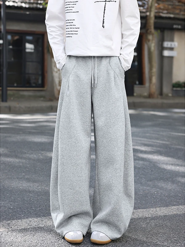 

American Sle Pleated Design Men's Winter Casual Straight Leg Loose Wide Leg Pants Comfortable Elastic Waist Polyester Cotto...