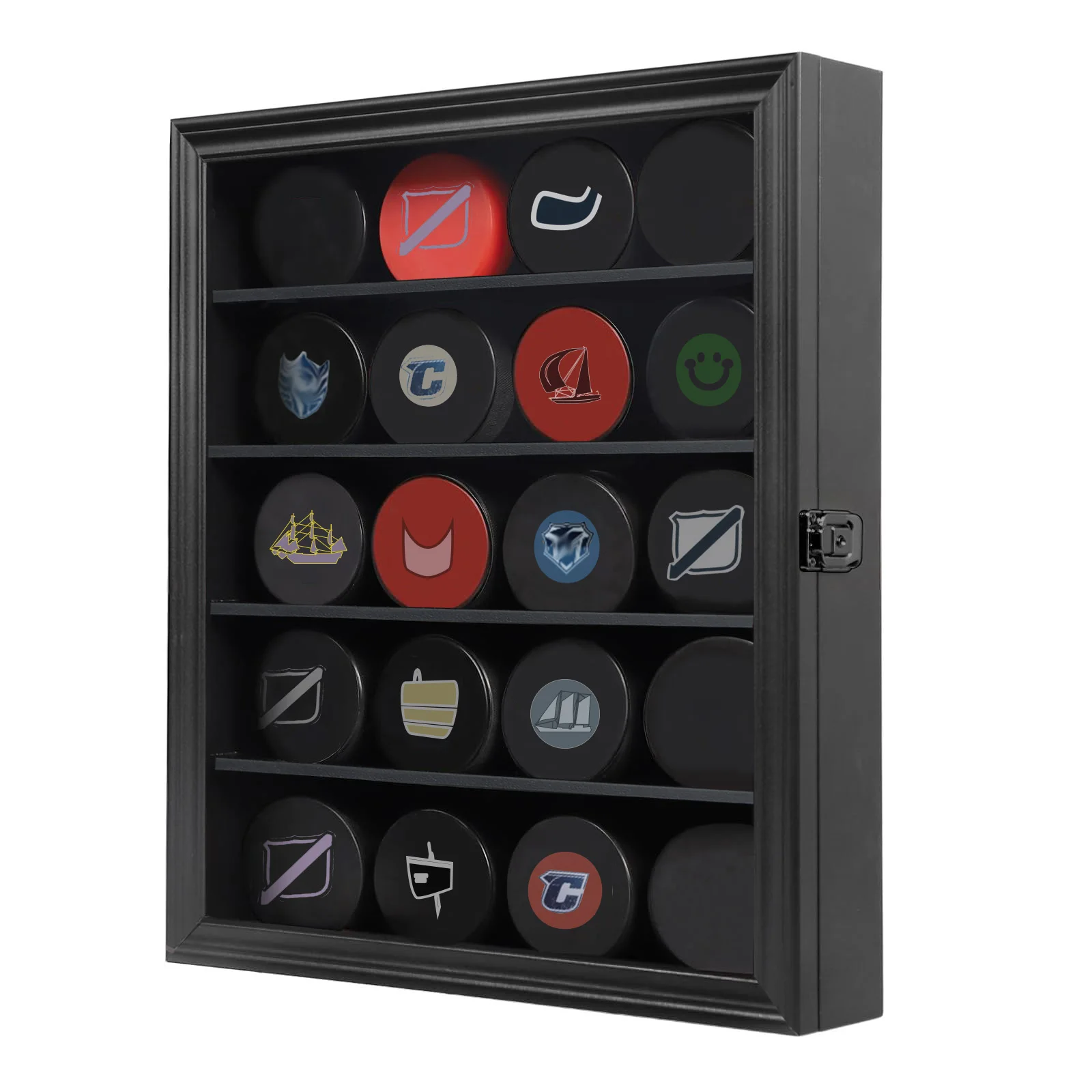 20 Hockey Puck Display Case, Large Matte Black Shadow Box, Wall Mount Lockable Cabinet with UV Protective Acrylic, for Hockey Memorabilia Collection