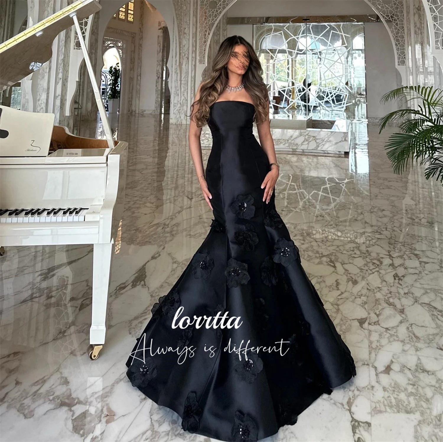 Lorrtta Black Evening Dress Luxurious Flower Decoration Satin Dresses Gala Robe De Soiree Femmes Ball Gowns Party