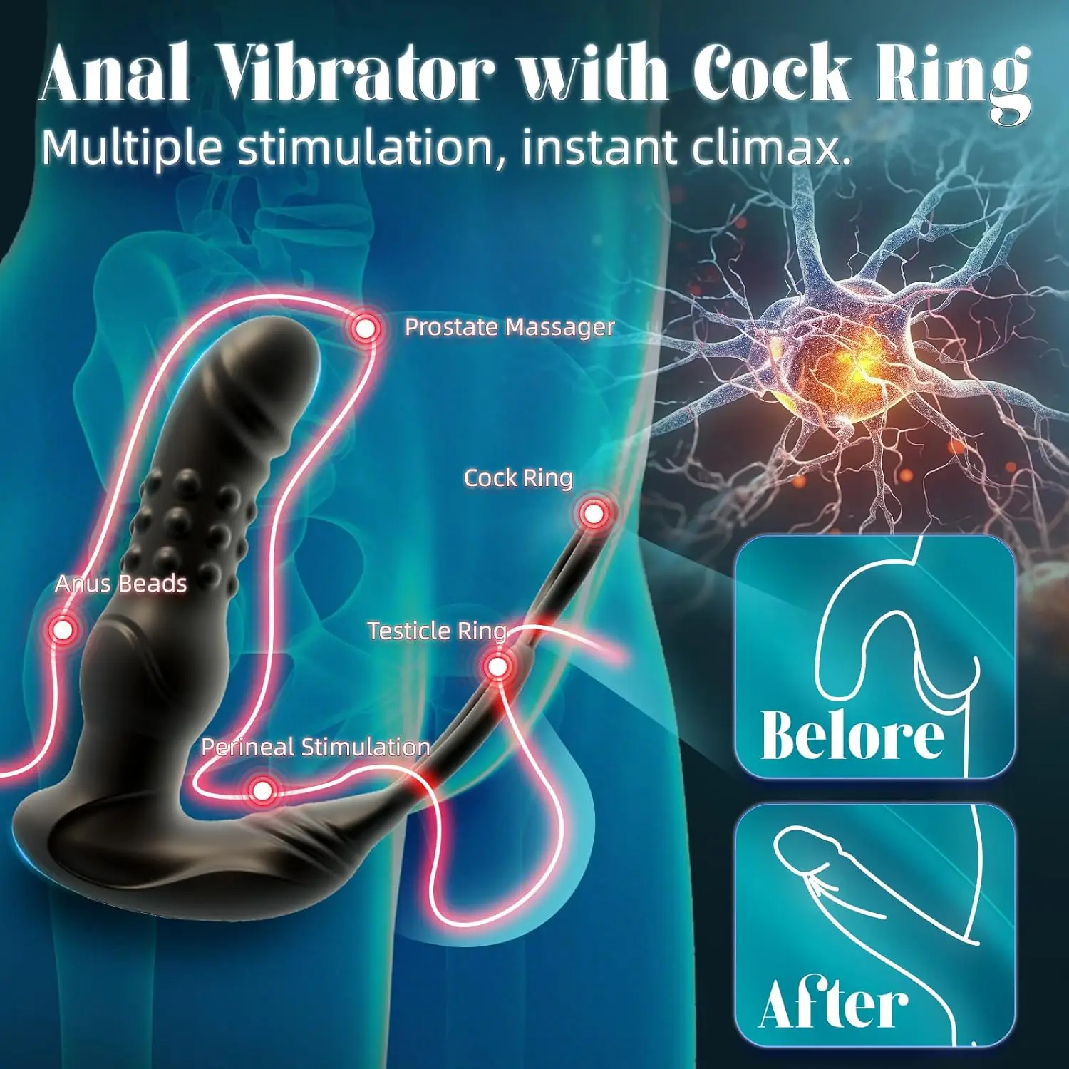 Wibrator do penisa - stymulator punktu G, sztuczny penis z koralikami, wibracyjny korek z pierścieniem na penisa, 9 trybów wibracji z funkcją uderzeń.