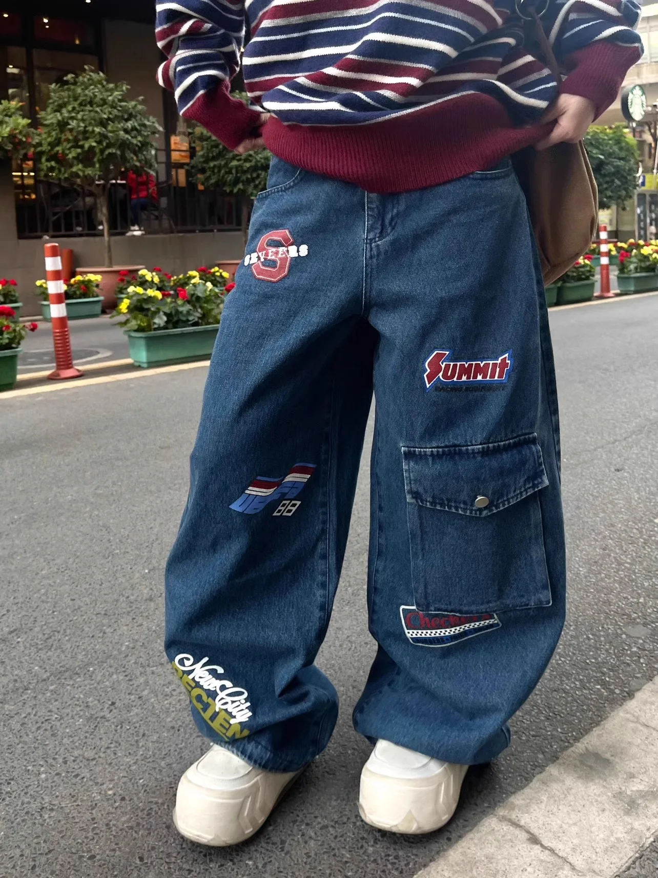 

Американские джинсы в стиле ретро с принтом-эмблемой, свободные, широкие, в стиле High Street, с дизайнерским акцентом, в стиле хип-хоп, повседневные брюки Small Minori Large ket