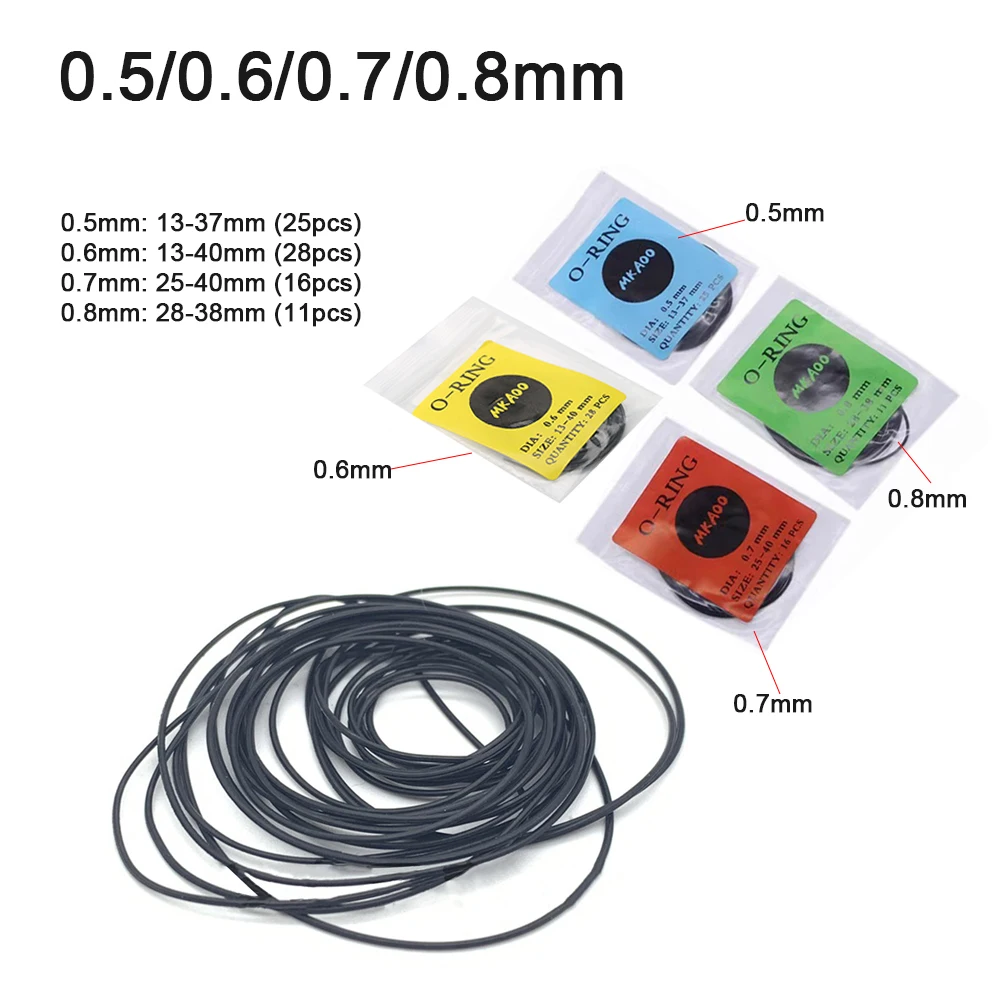 0.5/0.6/0.7/0.8mm Waterproof Rubber Ring Set Watch Back Sealing Rings Kit Watch Repair Accessories