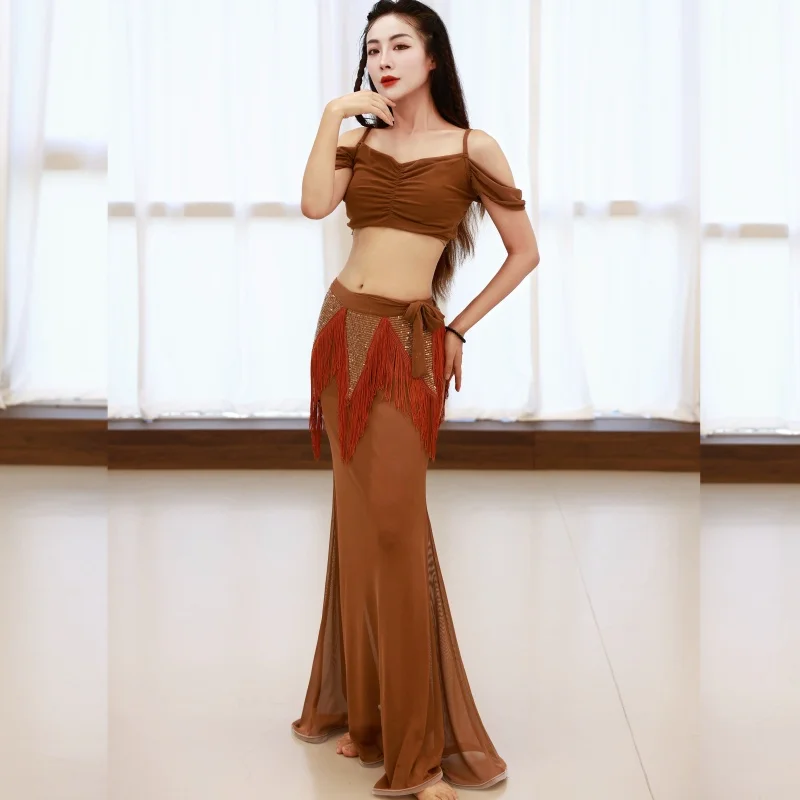 Traje de actuación de danza del vientre para mujer, traje de competición de temperamento Sexy, conjunto de práctica de danza Oriental para mujer adulta