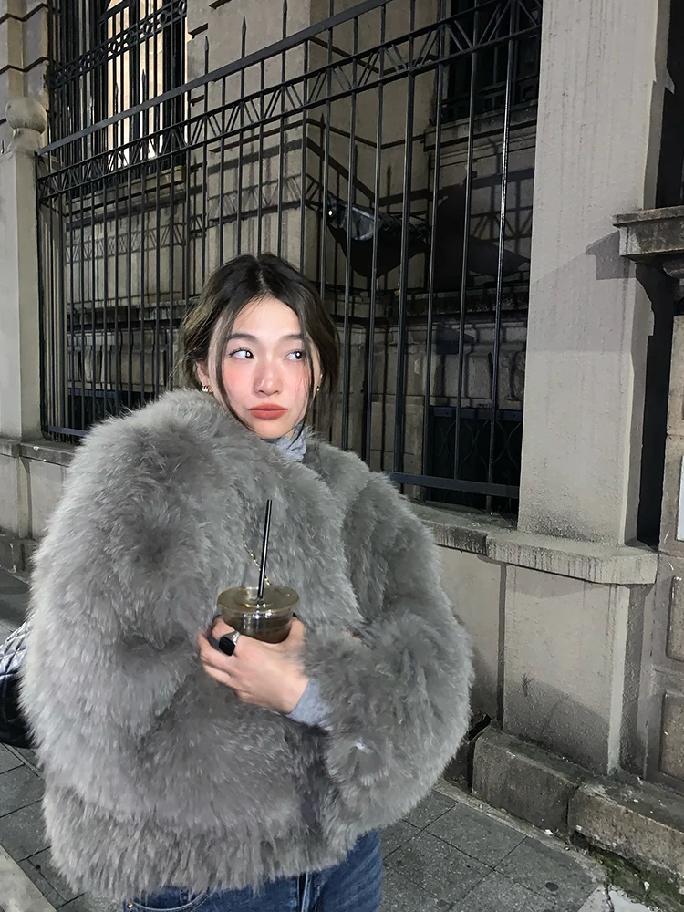 معطف فرو الثعلب الفضفاض للنساء، ملابس خارجية دافئة للشتاء بغطاء للرأس، لون رمادي، أكمام طويلة، ياقة مستديرة، أسلوب كوري عصري ...