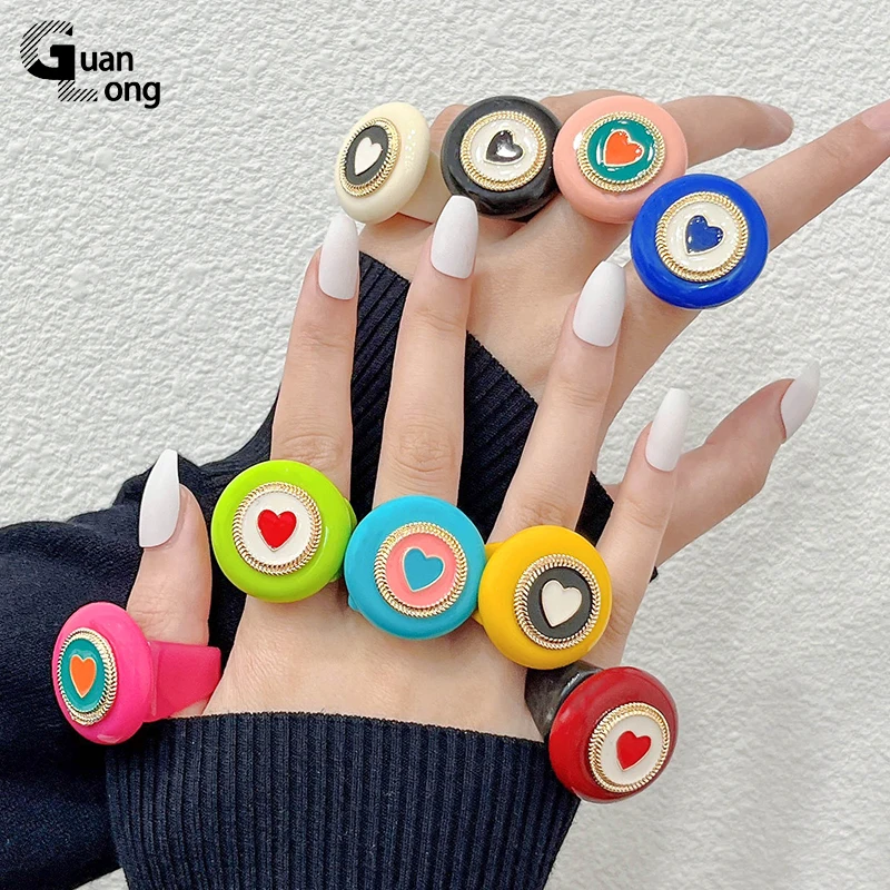 GuanLong New Summer Colourful Resin Acrylic Rings for Women Geometric Round Heart Finger Ring Simple Ins Fashion Jewelry Sets