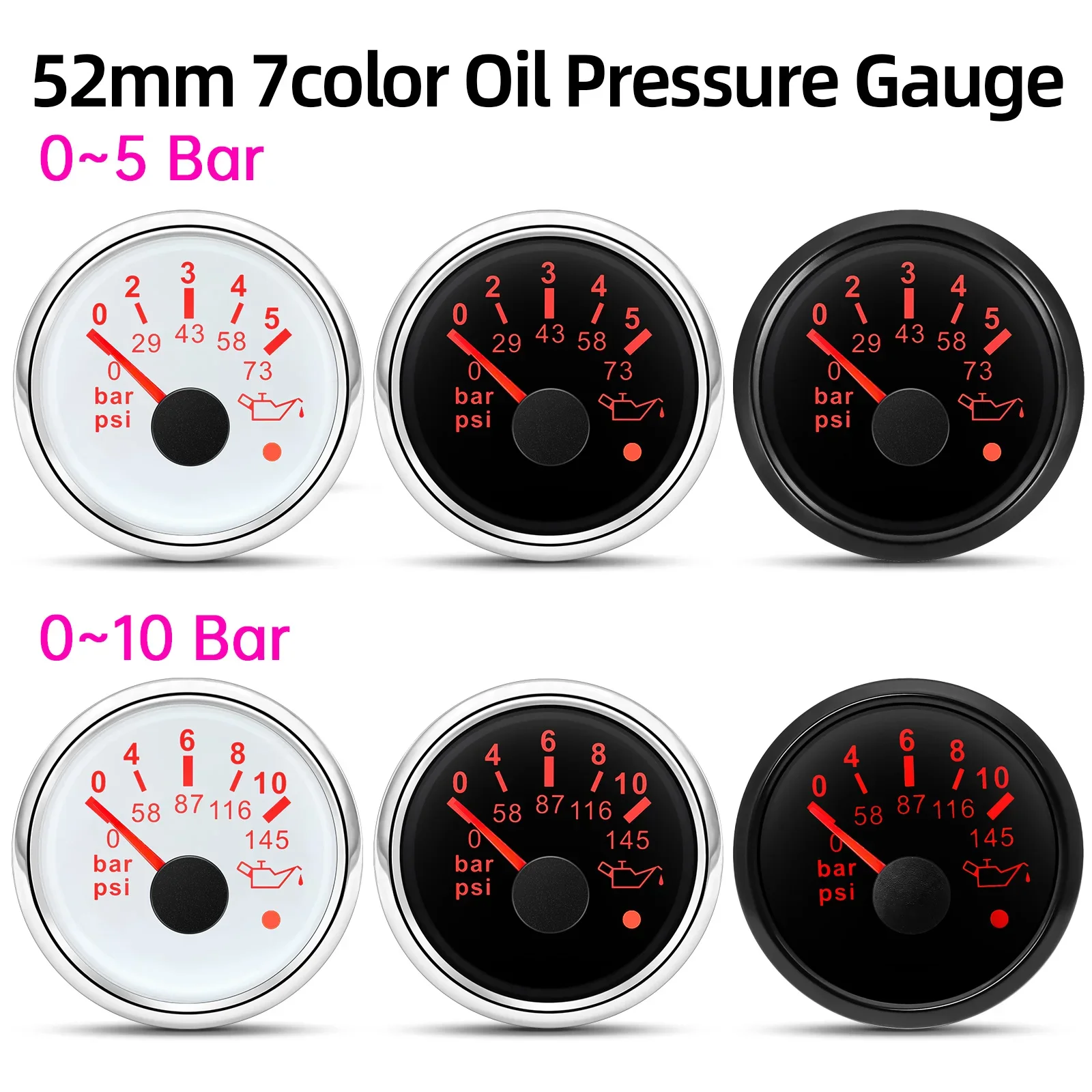 

2" 52MM Oil Pressure Gauge Seven Color Backlight 0~5bar/ 0~10bar Waterproof Oil Press Gauge or Sensor for Car Boat Marine 9-32V