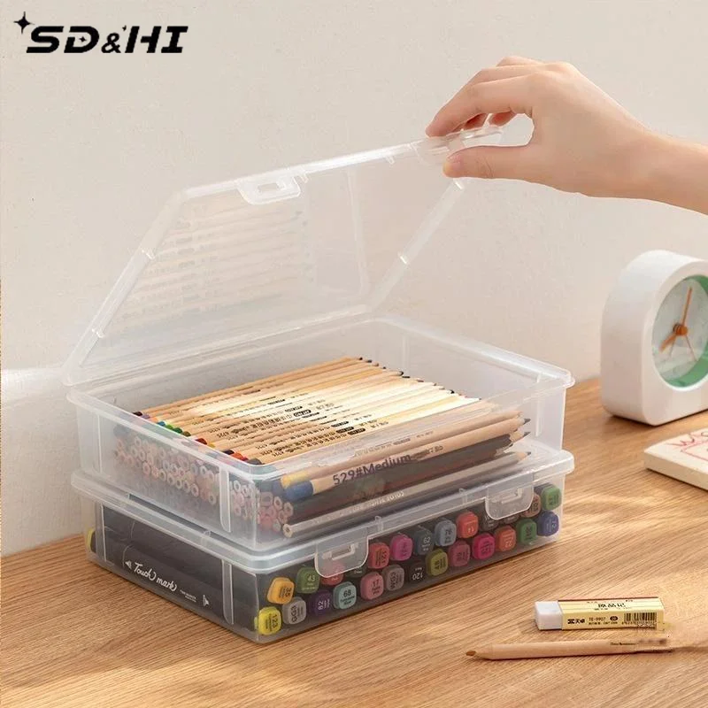 Large Capacity Pencil Case Transparent Plastic Notebook Sketch Marker Colored Lead Painting Storage Box, Back To School Supplies