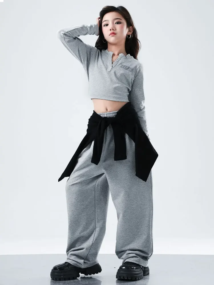 Girls Kpop Hip Hop Clothing Gray Tops Pants Set for Kid Jazz Dance Costume Catwalk Dance Performance Clothes