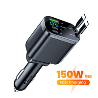 150W 5 IN 1 Retractable Car Charger with Intelligent Digital Display USB PD Type C Cable Fast Charging Adapter Cigarette Lighter