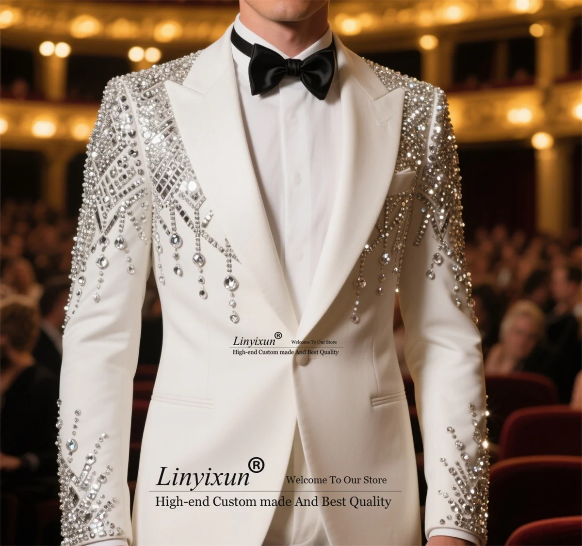 

Handsome Rhinestones Crystals Men Suit Customized Groom Wedding Tuxedos Slim Fit 2 Piece Sets Male Prom Blazer Costume Homme