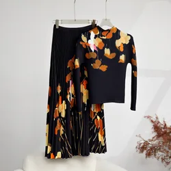 Elegant Fashion Printed Pleated 2 Pieces Set For Women Turtleneck Strethy Slim Tops With Elastic High Waist Mid Length Skirts