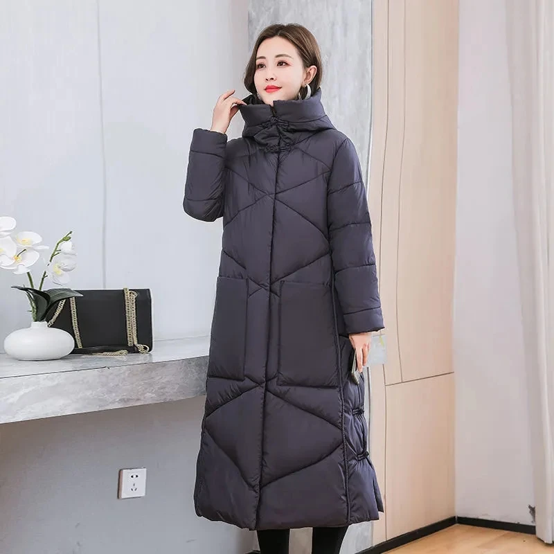 2023 Korean Jacket Women Winter X-long Parkas Solid Hooded Thicken Warm Female Snow Wear Coat Padded Loose Clothes