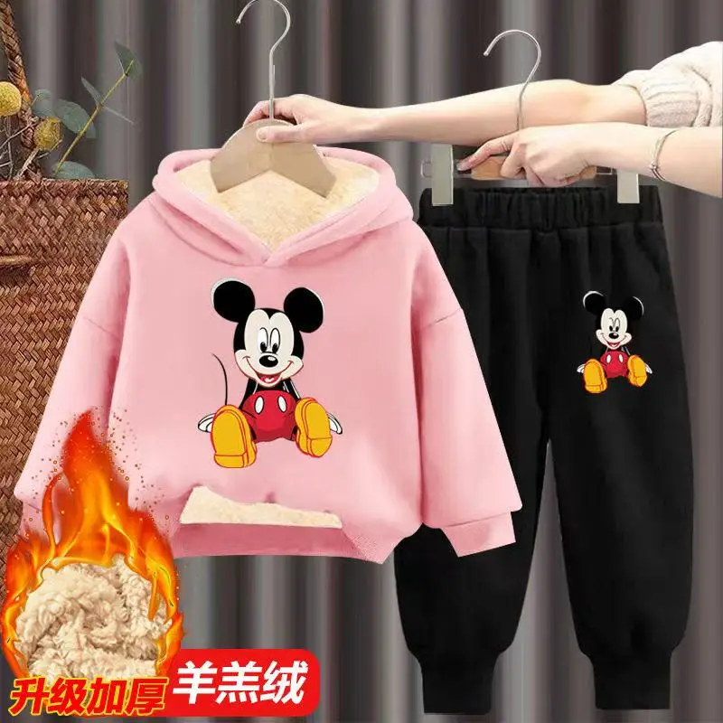 

Winter Spring Disney Kid Girls Hoodies Plush Warm Clothes Set Children Boy Mickey Printed Hooded Pullover Top And Pants 2PC Suit