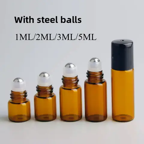 100PCS 1/2/3/5ml Amber Glass roll on Bottles Essential Oil Roller Bottles Stainless Steel  with Cap for Travel Perfume wholesale