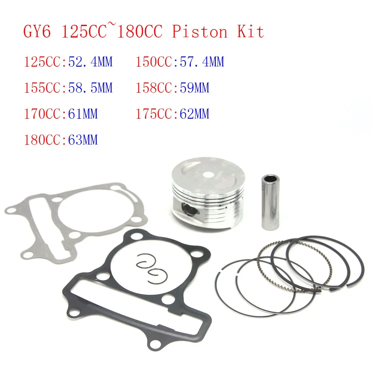 GY6 125CC 150CC 155CC 170CC 175CC 180CC 52.4mm 57.4mm 58.5mm 59mm 61mm 62mm 63mm Piston Gasket Kit  Quad ATV Go Kart Buggy Parts